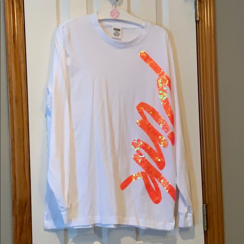 Long Sleeved Campus Tee White W/ Hot Pink Sequins